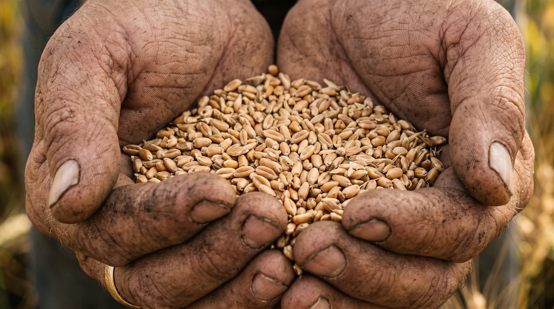 Farmer holding wheat grains